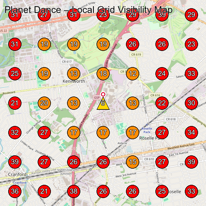 Planet Dance GeoGrid visibility map for Dance School in Roselle Park